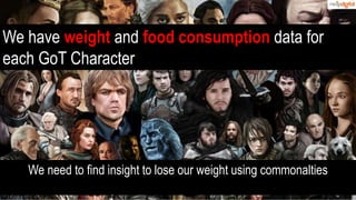 35
We have weight and food consumption data for
each GoT Character
We need to find insight to lose our weight using commonalties
 