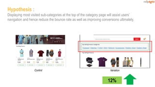 Control & Variations
Control Variation
Hypothesis :
Displaying most visited sub-categories at the top of the category page will assist users’
navigation and hence reduce the bounce rate as well as improving conversions ultimately.
12%
 