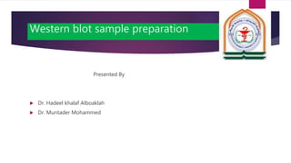 Western blot sample preparation
Presented By
 Dr. Hadeel khalaf Alboaklah
 Dr. Muntader Mohammed
 