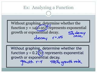 Ex: Analyzing a Function
Without graphing, determine whether the
function y = 14(0.95)x represents exponential
growth or exponential decay.
Without graphing, determine whether the
function y = 0.2(5)x represents exponential
growth or exponential decay.
 