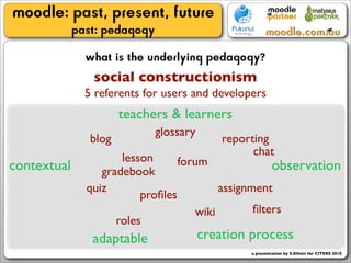 moodle: past, present, future
             past: pedagogy
               what is the underlying pedagogy?
                social constructionism
               5 referents for users and developers
                       teachers & learners
                              glossary
                blog                         reporting
                                                   chat
                      lesson      forum
contextual        gradebook                          observation
               quiz                       assignment
                          proﬁles
                                     wiki        ﬁlters
                     roles
                adaptable                creation process
                                                  a presentation by S.Elliott for CITERS 2010
 
