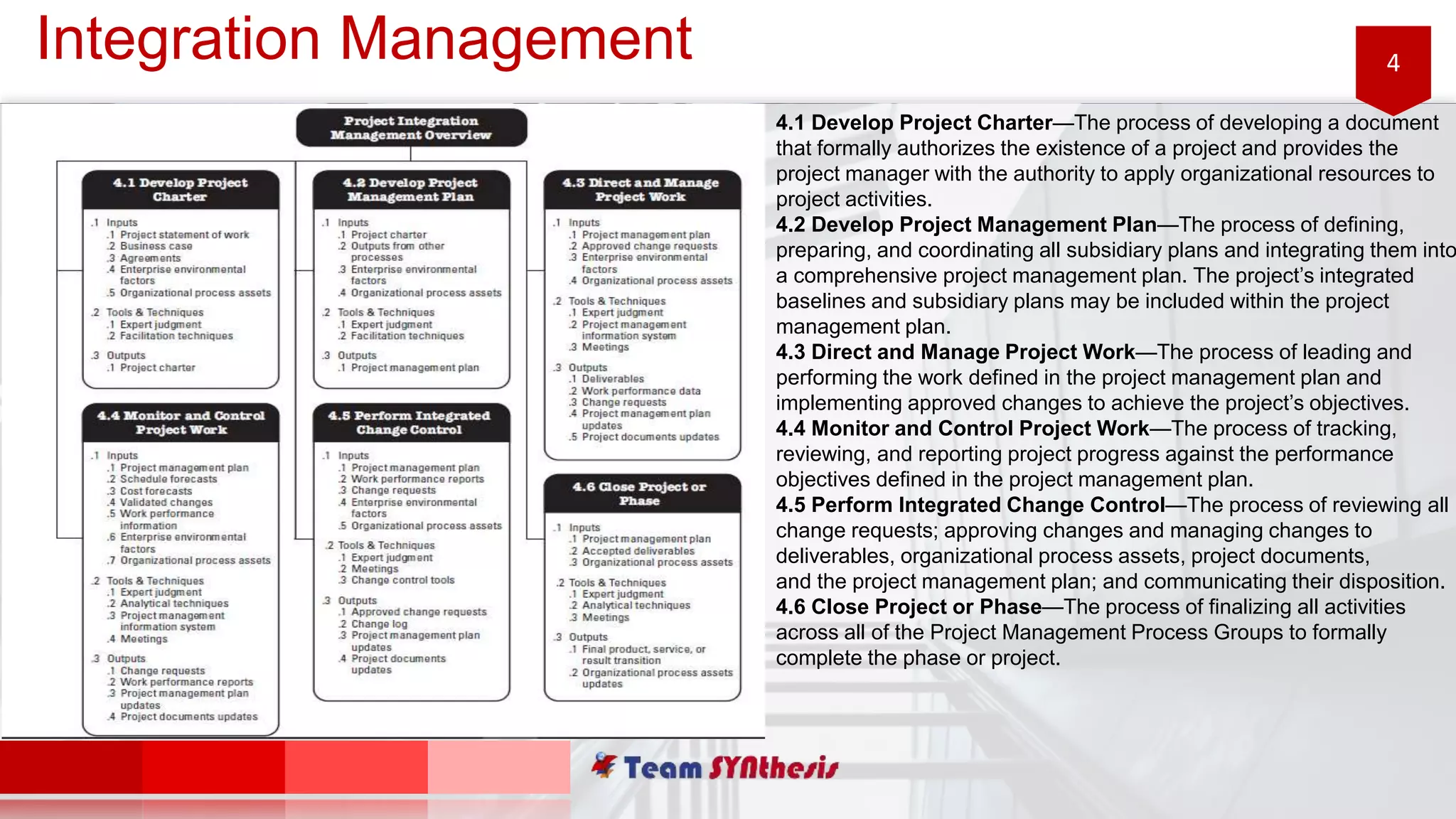 4
4.1 Develop Project Charter—The process of developing a document
that formally authorizes the existence of a project and provides the
project manager with the authority to apply organizational resources to
project activities.
4.2 Develop Project Management Plan—The process of defining,
preparing, and coordinating all subsidiary plans and integrating them into
a comprehensive project management plan. The project’s integrated
baselines and subsidiary plans may be included within the project
management plan.
4.3 Direct and Manage Project Work—The process of leading and
performing the work defined in the project management plan and
implementing approved changes to achieve the project’s objectives.
4.4 Monitor and Control Project Work—The process of tracking,
reviewing, and reporting project progress against the performance
objectives defined in the project management plan.
4.5 Perform Integrated Change Control—The process of reviewing all
change requests; approving changes and managing changes to
deliverables, organizational process assets, project documents,
and the project management plan; and communicating their disposition.
4.6 Close Project or Phase—The process of finalizing all activities
across all of the Project Management Process Groups to formally
complete the phase or project.
Integration Management
 