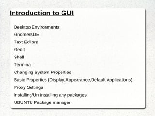 Examples of ps command (optional arguments): ps -ag To get information about all running process. ps aux To display the owner of the processes along with the processes. ps ax | grep process_name pstree – Display a tree of all processes running. top – T o see currently running processes and other  information like memory and CPU usage with real  time updates. Note  :  To exit from top command press q. 