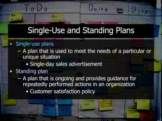 Single-Use and Standing Plans Single-use plans A plan that is used to meet the needs of a particular or unique situation Single-day sales advertisement Standing plan A plan that is ongoing and provides guidance for repeatedly performed actions in an organization Customer satisfaction policy 
