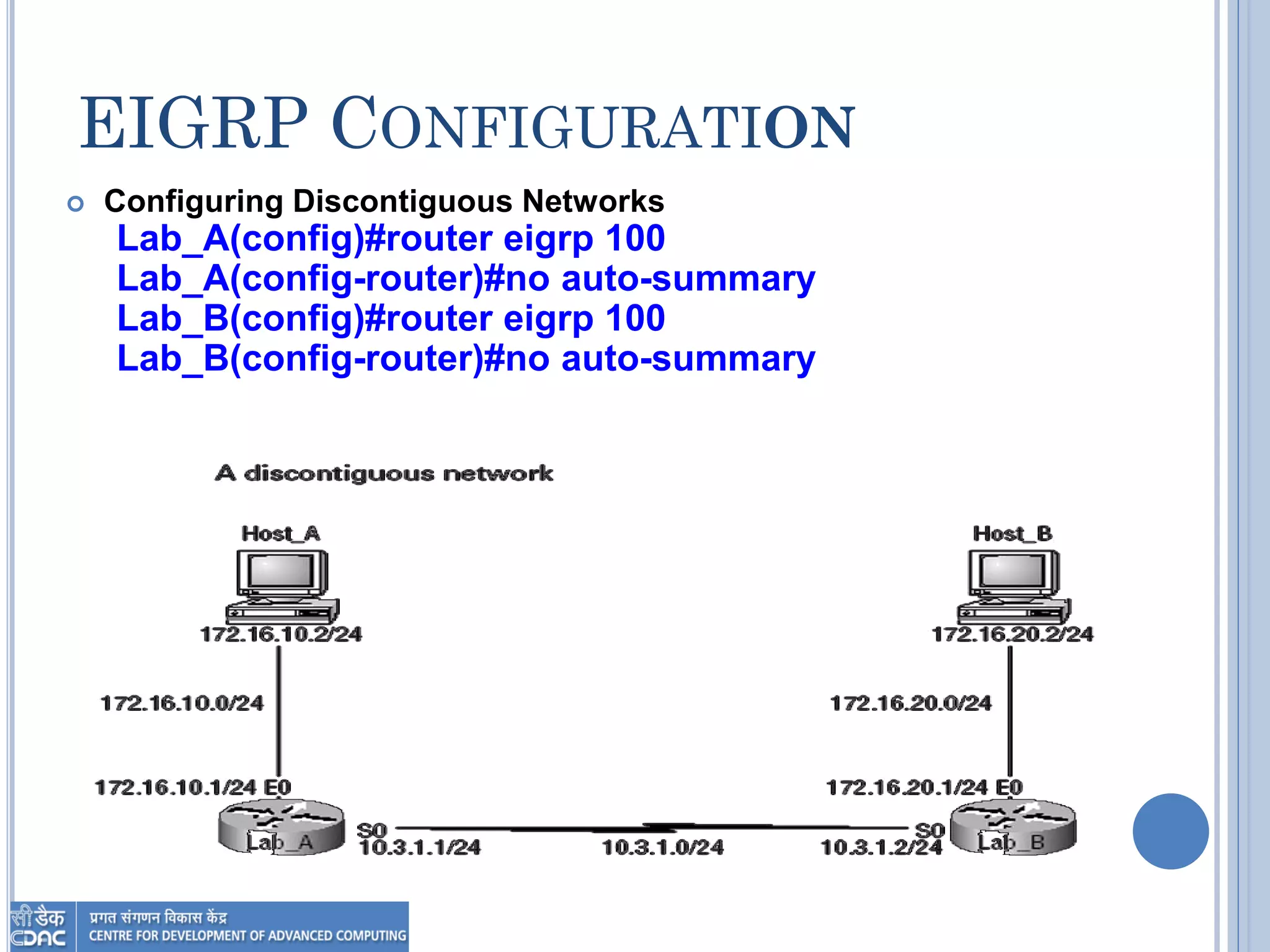 EIGRP CONFIGURATION
 Configuring Discontiguous Networks
Lab_A(config)#router eigrp 100
Lab_A(config-router)#no auto-summary
Lab_B(config)#router eigrp 100
Lab_B(config-router)#no auto-summary
 