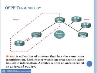 OSPF TERMINOLOGY
Area: A collection of routers that has the same area
identification. Each router within an area has the same
link-state information. A router within an area is called
an internal router.
 