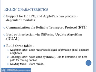 EIGRP CHARACTERISTICS
 Support for IP, IPX, and AppleTalk via protocol-
dependent modules
 Communication via Reliable Transport Protocol (RTP)
 Best path selection via Diffusing Update Algorithm
(DUAL)
 Build three table: -
1. Neighbor table: Each router keeps state information about adjacent
neighbors.
2. Topology table: acted upon by (DUAL). Use to determine the best
path for routing packet.
3. Routing table: Store routes.
 