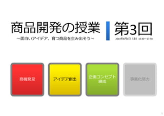 第3回
商機発⾒ アイデア創出
企画コンセプト
練成
事業化努⼒
商品開発の授業
〜⾯⽩いアイデア、育つ商品を⽣み出そう〜 2014年8⽉1⽇（⾦）10:30〜17:50
1
 