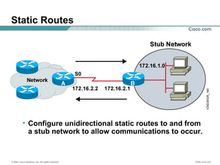© 2002, Cisco Systems, Inc. All rights reserved. ICND v2.0—5-8
Static Routes
• Configure unidirectional static routes to a...