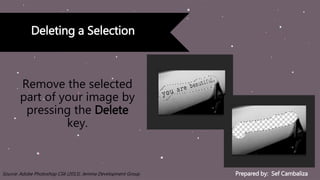 Prepared by: Sef CambalizaSource: Adobe Photoshop CS6 (2013). Jemma Development Group
Deleting a Selection
Remove the selected
part of your image by
pressing the Delete
key.
 