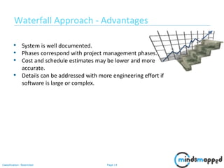 Page 14Classification: Restricted
• System is well documented.
• Phases correspond with project management phases.
• Cost and schedule estimates may be lower and more
accurate.
• Details can be addressed with more engineering effort if
software is large or complex.
Waterfall Approach - Advantages
 