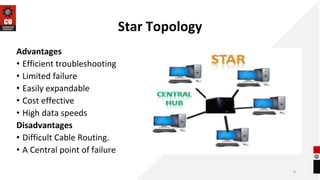 Star Topology
Advantages
• Efficient troubleshooting
• Limited failure
• Easily expandable
• Cost effective
• High data speeds
Disadvantages
• Difficult Cable Routing.
• A Central point of failure
9
 