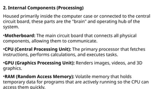 2. Internal Components (Processing)
Housed primarily inside the computer case or connected to the central
circuit board, these parts are the "brain" and operating hub of the
system.
•Motherboard: The main circuit board that connects all physical
components, allowing them to communicate.
•CPU (Central Processing Unit): The primary processor that fetches
instructions, performs calculations, and executes tasks.
•GPU (Graphics Processing Unit): Renders images, videos, and 3D
graphics.
•RAM (Random Access Memory): Volatile memory that holds
temporary data for programs that are actively running so the CPU can
access them quickly.
 