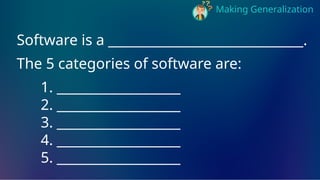 Making Generalization
Software is a ______________________________.
The 5 categories of software are:
1. ___________________
2. ___________________
3. ___________________
4. ___________________
5. ___________________
 