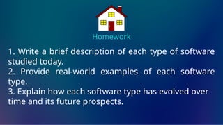 Homework
1. Write a brief description of each type of software
studied today.
2. Provide real-world examples of each software
type.
3. Explain how each software type has evolved over
time and its future prospects.
 