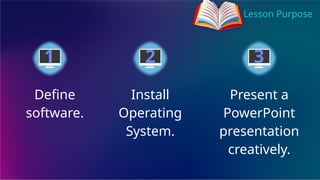 Lesson Purpose
Define
software.
Install
Operating
System.
Present a
PowerPoint
presentation
creatively.
1 2 3
 