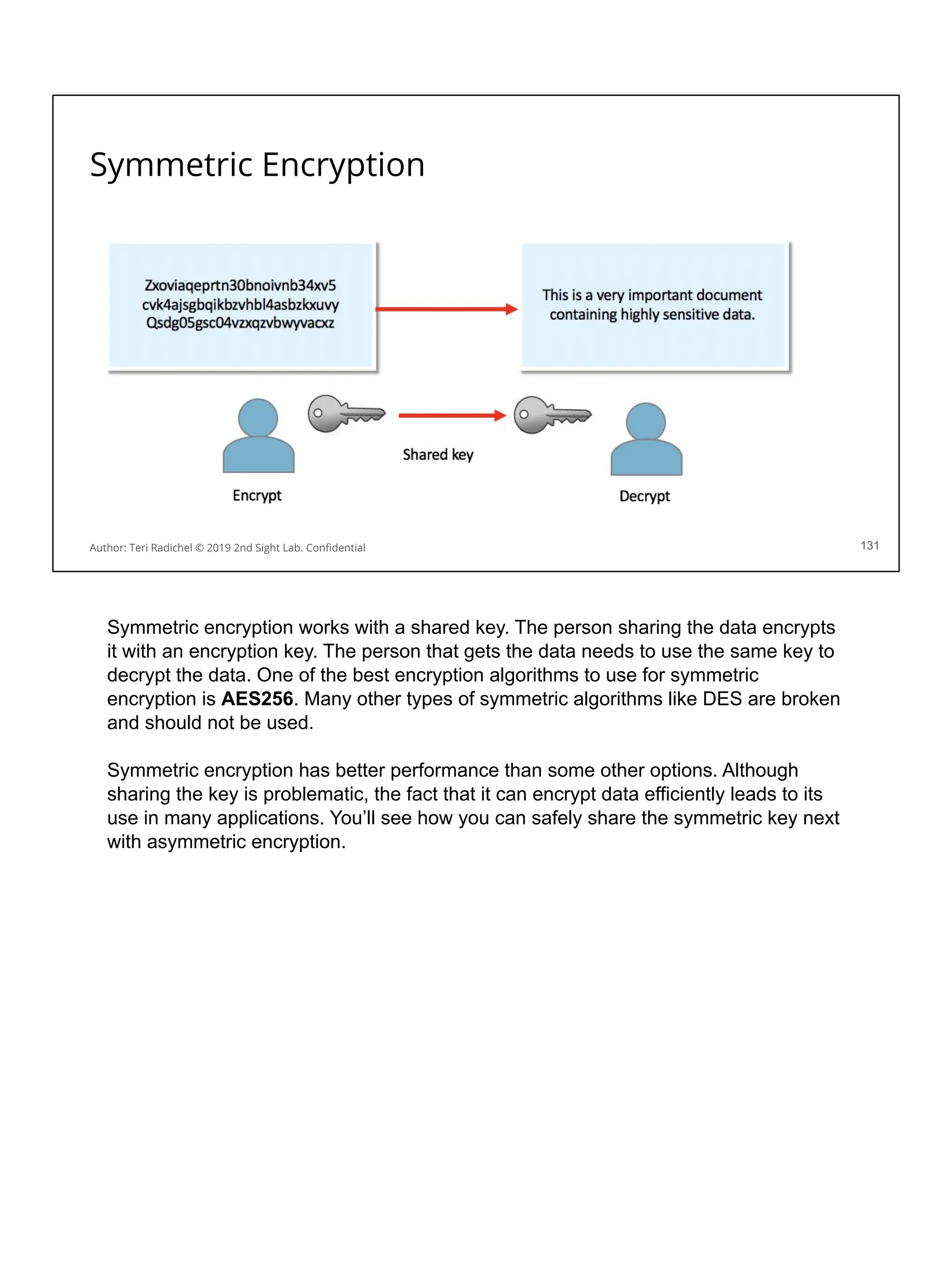 Symmetric Encryption
131
Author: Teri Radichel © 2019 2nd Sight Lab. Conﬁdential
Symmetric encryption works with a shared key. The person sharing the data encrypts
it with an encryption key. The person that gets the data needs to use the same key to
decrypt the data. One of the best encryption algorithms to use for symmetric
encryption is AES256. Many other types of symmetric algorithms like DES are broken
and should not be used.
Symmetric encryption has better performance than some other options. Although
sharing the key is problematic, the fact that it can encrypt data efficiently leads to its
use in many applications. You’ll see how you can safely share the symmetric key next
with asymmetric encryption.
 
