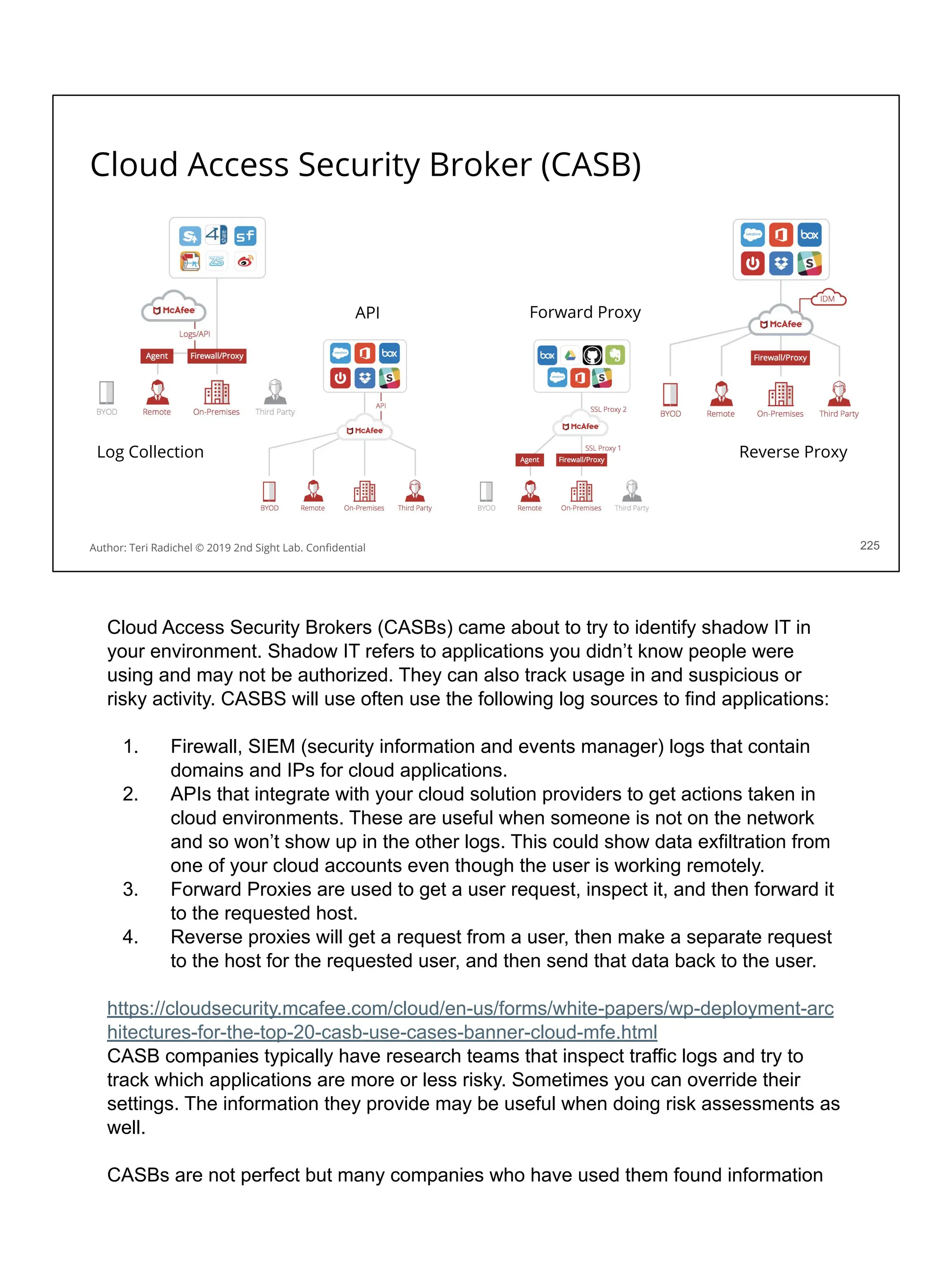 Cloud Access Security Broker (CASB)
225
Author: Teri Radichel © 2019 2nd Sight Lab. Conﬁdential
Log Collection
API Forward Proxy
Reverse Proxy
Cloud Access Security Brokers (CASBs) came about to try to identify shadow IT in
your environment. Shadow IT refers to applications you didn’t know people were
using and may not be authorized. They can also track usage in and suspicious or
risky activity. CASBS will use often use the following log sources to find applications:
1. Firewall, SIEM (security information and events manager) logs that contain
domains and IPs for cloud applications.
2. APIs that integrate with your cloud solution providers to get actions taken in
cloud environments. These are useful when someone is not on the network
and so won’t show up in the other logs. This could show data exfiltration from
one of your cloud accounts even though the user is working remotely.
3. Forward Proxies are used to get a user request, inspect it, and then forward it
to the requested host.
4. Reverse proxies will get a request from a user, then make a separate request
to the host for the requested user, and then send that data back to the user.
https://cloudsecurity.mcafee.com/cloud/en-us/forms/white-papers/wp-deployment-arc
hitectures-for-the-top-20-casb-use-cases-banner-cloud-mfe.html
CASB companies typically have research teams that inspect traffic logs and try to
track which applications are more or less risky. Sometimes you can override their
settings. The information they provide may be useful when doing risk assessments as
well.
CASBs are not perfect but many companies who have used them found information
 