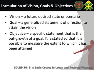 Formulation of Vision, Goals & Objectives
• Vision – a future desired state or scenario
• Goal – a generalized statement of direction to
attain the vision
• Objective – a specific statement that is the
out-growth of a goal. It is stated so that it is
possible to measure the extent to which it has
been attained
 