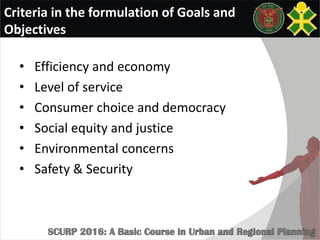 Criteria in the formulation of Goals and
Objectives
• Efficiency and economy
• Level of service
• Consumer choice and democracy
• Social equity and justice
• Environmental concerns
• Safety & Security
 