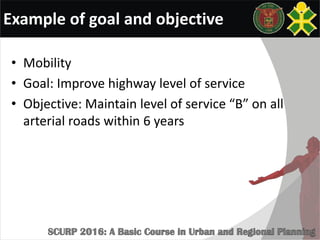 Example of goal and objective
• Mobility
• Goal: Improve highway level of service
• Objective: Maintain level of service “B” on all
arterial roads within 6 years
 