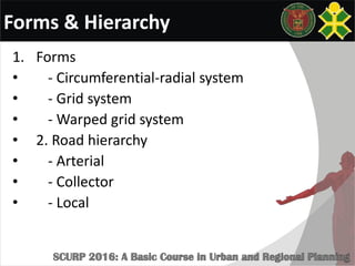 Forms & Hierarchy
1. Forms
• - Circumferential-radial system
• - Grid system
• - Warped grid system
• 2. Road hierarchy
• - Arterial
• - Collector
• - Local
 