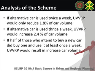 Analysis of the Scheme
• If alternative car is used twice a week, UVVRP
would only reduce 1.8% of car volume.
• If alternative car is used thrice a week, UVVRP
would increase 2.4 % of car volume.
• If half of those who intend to buy a new car
did buy one and use it at least once a week,
UVVRP would result in increase car volume.
 
