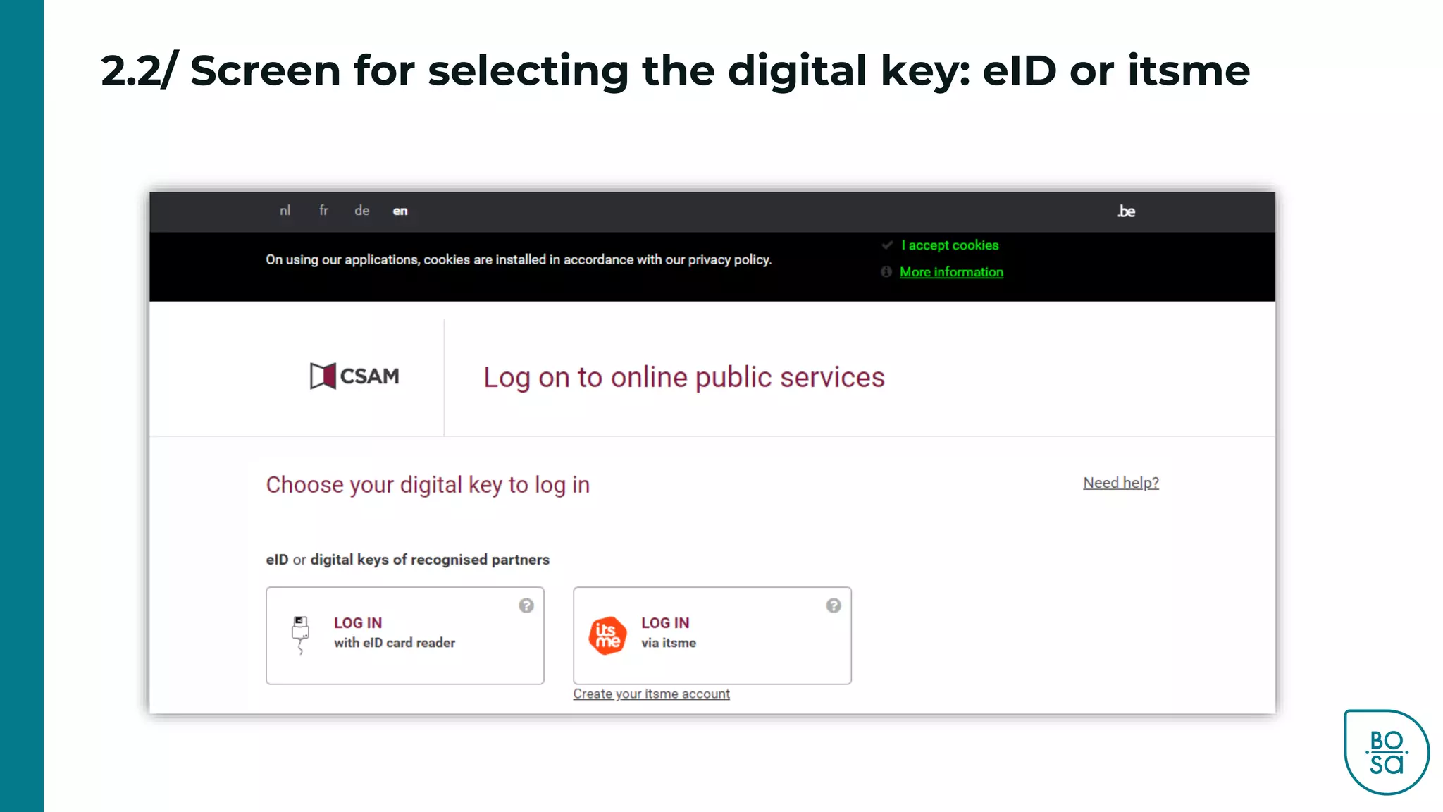 2.2/ Screen for selecting the digital key: eID or itsme
 