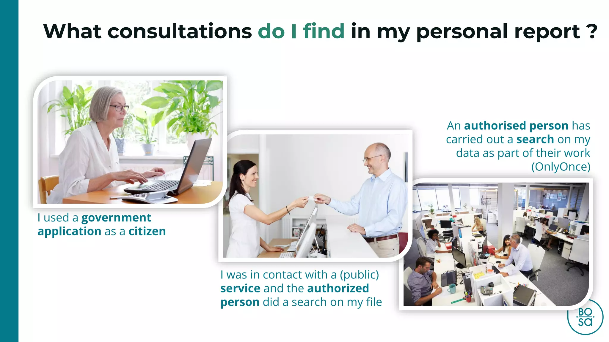 What consultations do I find in my personal report ?
I used a government
application as a citizen
I was in contact with a (public)
service and the authorized
person did a search on my file
An authorised person has
carried out a search on my
data as part of their work
(OnlyOnce)
 