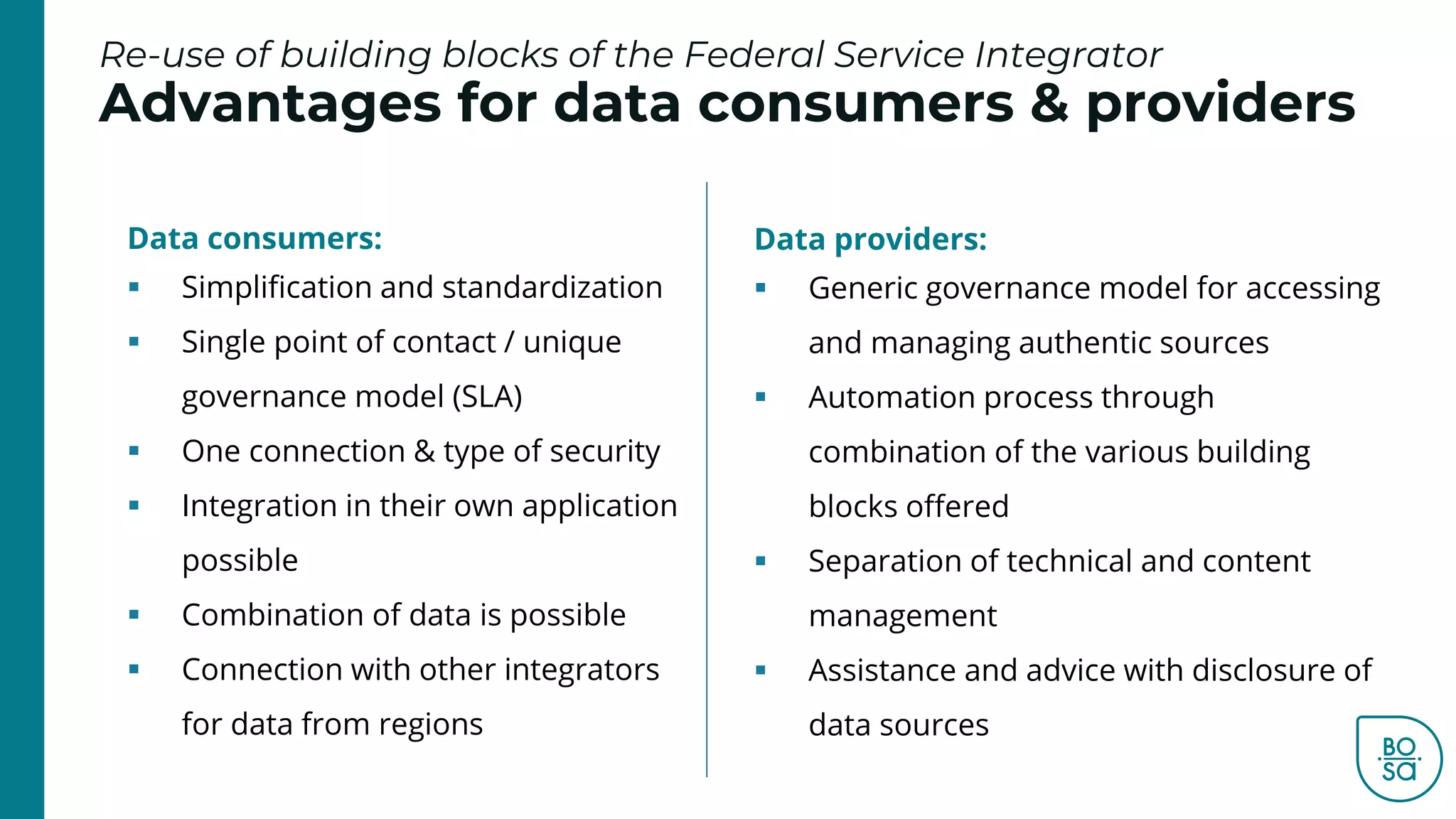 Re-use of building blocks of the Federal Service Integrator
Advantages for data consumers & providers
Data consumers:
▪ Simplification and standardization
▪ Single point of contact / unique
governance model (SLA)
▪ One connection & type of security
▪ Integration in their own application
possible
▪ Combination of data is possible
▪ Connection with other integrators
for data from regions
Data providers:
▪ Generic governance model for accessing
and managing authentic sources
▪ Automation process through
combination of the various building
blocks offered
▪ Separation of technical and content
management
▪ Assistance and advice with disclosure of
data sources
 