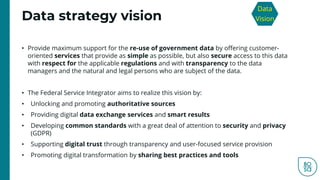 • Provide maximum support for the re-use of government data by offering customer-
oriented services that provide as simple as possible, but also secure access to this data
with respect for the applicable regulations and with transparency to the data
managers and the natural and legal persons who are subject of the data.
• The Federal Service Integrator aims to realize this vision by:
• Unlocking and promoting authoritative sources
• Providing digital data exchange services and smart results
• Developing common standards with a great deal of attention to security and privacy
(GDPR)
• Supporting digital trust through transparency and user-focused service provision
• Promoting digital transformation by sharing best practices and tools
Data strategy vision
Data
Vision
 