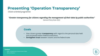 RRF Unleashing Government Data
#SmartNation
Context
Presenting ‘Operation Transparency’
Citizen-oriented programme
Goals
• Give citizens greater transparency with regard to the personal data held
and processed within federal institutions
• Strengthen trust between citizens and the federal state
"Greater transparency for citizens regarding the management of their data by public authorities"
General Policy Note 2022
 