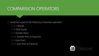 COMPARISION OPERATORS
 JavaScript supports the following comparison operators:
 = = (Equal)
 != (Not Equal)
 > (Greater than)
 >= (Greater than or Equal to)
 < (Less than)
 <= (Less than or Equal to)
 