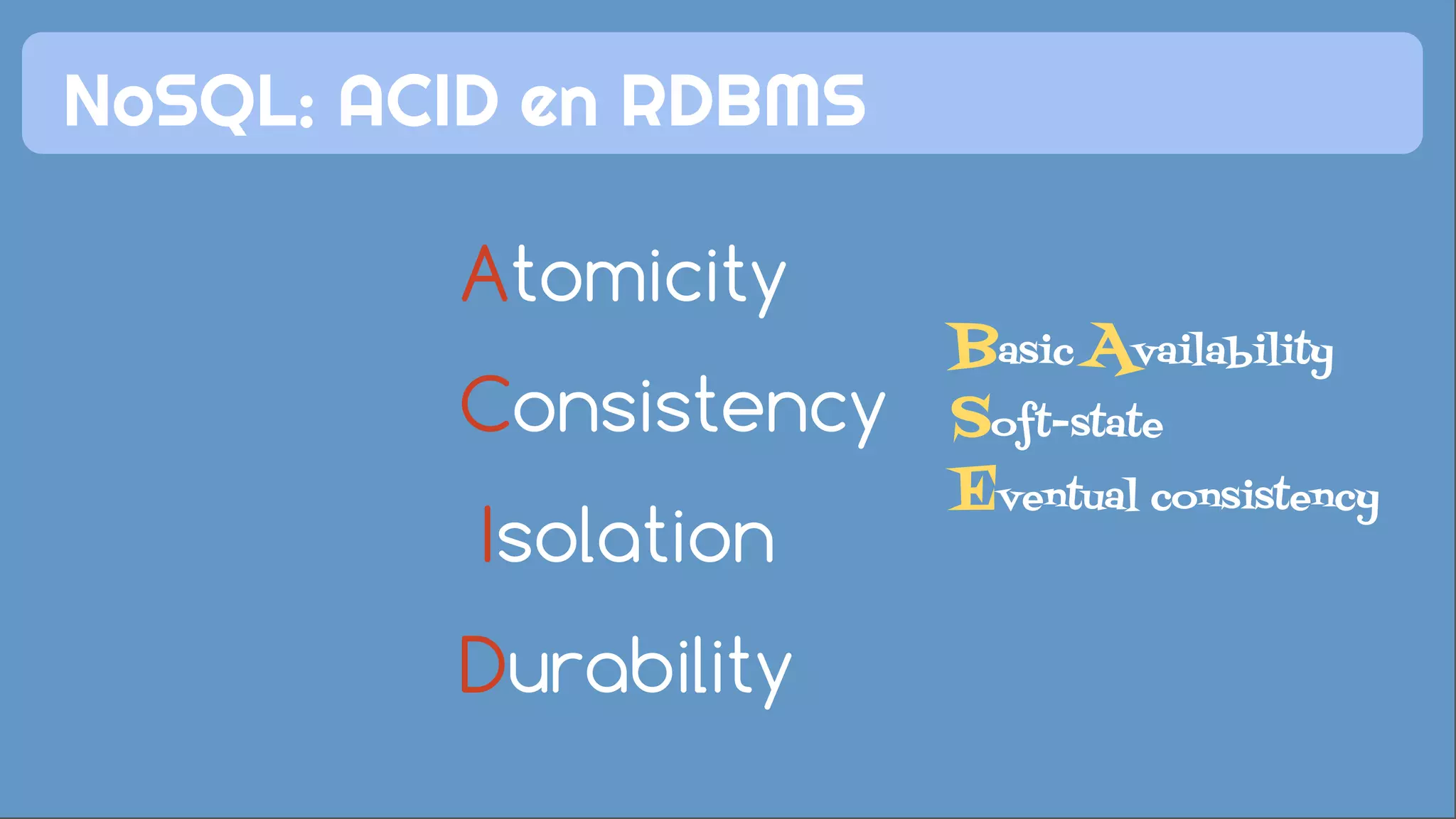 NoSQL: ACID en RDBMS 
Atomicity 
Consistency 
Isolation 
Durability 
Basic Availability 
Soft-state 
Eventual consistency 
 