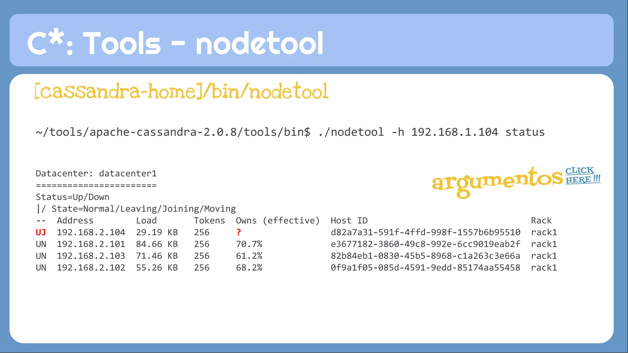 C*: Tools - nodetool 
[cassandra-home]/bin/nodetool 
~/tools/apache-cassandra-2.0.8/tools/bin$ ./nodetool -h 192.168.1.104 status 
argumentos CLICK 
Datacenter: datacenter1 
======================= 
Status=Up/Down 
|/ State=Normal/Leaving/Joining/Moving 
-- Address Load Tokens Owns (effective) Host ID Rack 
UJ 192.168.2.104 29.19 KB 256 ? d82a7a31-591f-4ffd-998f-1557b6b95510 rack1 
UN 192.168.2.101 84.66 KB 256 70.7% e3677182-3860-49c8-992e-6cc9019eab2f rack1 
UN 192.168.2.103 71.46 KB 256 61.2% 82b84eb1-0830-45b5-8968-c1a263c3e66a rack1 
UN 192.168.2.102 55.26 KB 256 68.2% 0f9a1f05-085d-4591-9edd-85174aa55458 rack1 
HERE !!! 
 