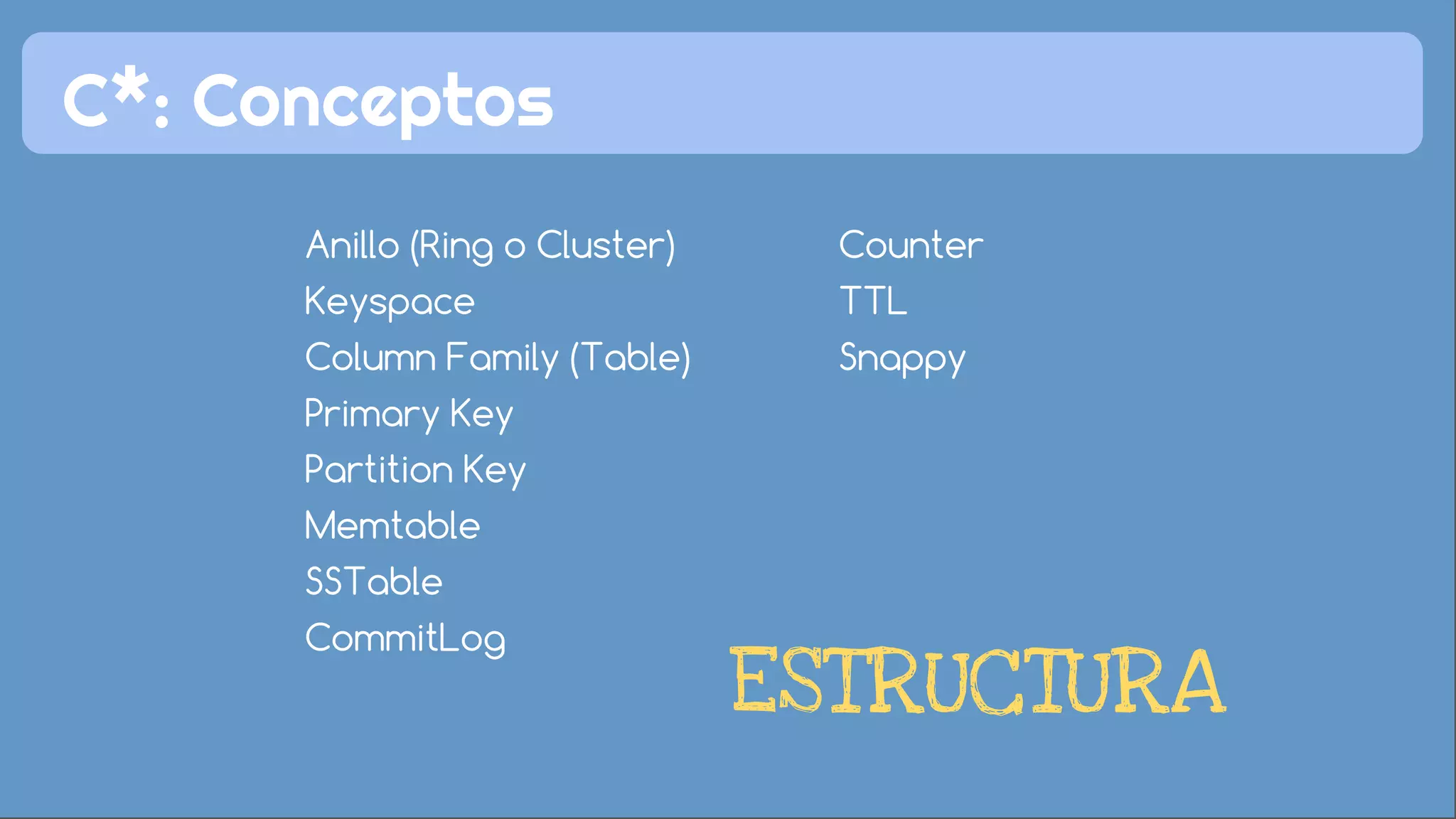 C*: Conceptos 
Anillo (Ring o Cluster) 
Keyspace 
Column Family (Table) 
Primary Key 
Partition Key 
Memtable 
SSTable 
CommitLog 
Counter 
TTL 
Snappy 
ESTRUCTURA 
 