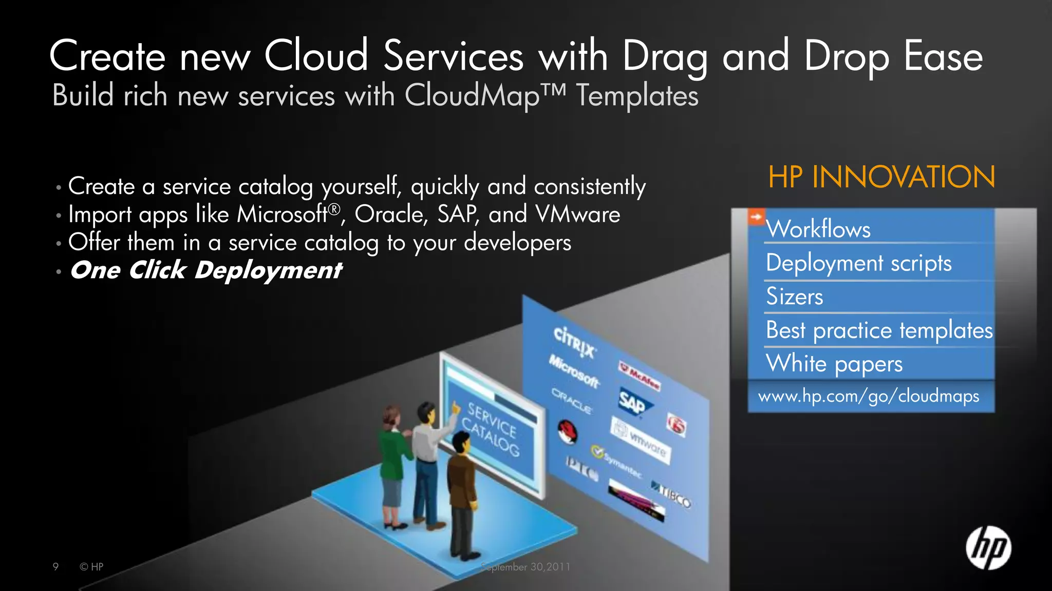 Create new Cloud Services with Drag and Drop Ease
Build rich new services with CloudMap™ Templates


•   Create a service catalog yourself, quickly and consistently    HP INNOVATION
•   Import apps like Microsoft®, Oracle, SAP, and VMware
                                                                  Workflows
•   Offer them in a service catalog to your developers
•   One Click Deployment                                          Deployment scripts
                                                                  Sizers
                                                                  Best practice templates
                                                                  White papers
                                                                  www.hp.com/go/cloudmaps




9    © HP                                     September 30,2011
 