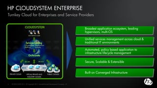 HP CLOUDSYSTEM ENTERPRISE
Turnkey Cloud for Enterprises and Service Providers


                        CLOUDSYSTEM                                                  Broadest application ecosystem, leading
                                                                                     hypervisors, multi-OS
                               SELF-SERVICE USER

                                                                                     Unified services management across cloud &
                         Services Catalog                                            traditional IT environments
                       - Infrastructure - Applications
                       - Platform       - Industry
                                                                                     Automated, policy based application to
                                                                                     infrastructure lifecycle management
                               Orchestrate

                        SECURE               BROKER                                  Secure, Scalable & Extensible
                    BRIDGE                         BRIDGE



    PRIVATE CLOUD            VIRTUAL PRIVATE AND            PUBLIC CLOUDS
                                                                                     Built on Converged Infrastructure
                              INDUSTRY CLOUDS



7     HP DISCOVER 2011, © Copyright 2011 Hewlett-Packard Development Company, L.P.
 