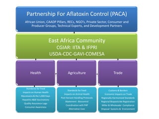 Partnership For Aflatoxin Control (PACA)
African Union, CAADP Pillars, RECs, NGO’s, Private Sector, Consumer and
Producer Groups, Technical Experts, and Development Partners

East Africa Community
CGIAR: IITA & IFPRI
USDA-CDC-GAVI-COMESA

Health

Agriculture
CGIAERommunity Trade

Standards for Food
Impacts on Human Health
Mycotoxins & the 1,000 Days
Hepatitis A&B Vaccinations
Quality Assurance Logo
Consumer Awareness

Standards for Feed

Customs & Borders

Impacts on Animal Health

Economic Impacts on Trade

Post Harvest Handling Protocols

Regionally Harmonized Standards

Abatement : Biocontrol

Regional Biopesticide Registration

Coordination with P4P

Miller & Wholesaler Compliance

Alternative Uses

Disposal Systems & Environment

 