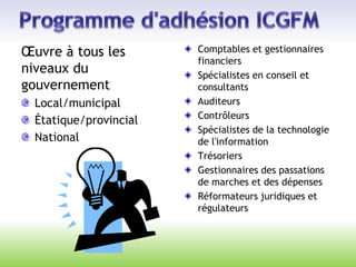 Œuvre à tous les
niveaux du
gouvernement
Local/municipal
Étatique/provincial
National
Comptables et gestionnaires
financiers
Spécialistes en conseil et
consultants
Auditeurs
Contrôleurs
Spécialistes de la technologie
de l'information
Trésoriers
Gestionnaires des passations
de marches et des dépenses
Réformateurs juridiques et
régulateurs
 