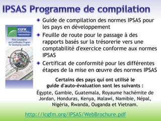 Guide de compilation des normes IPSAS pour
les pays en développement
Feuille de route pour le passage à des
rapports basés sur la trésorerie vers une
comptabilité d'exercice conforme aux normes
IPSAS
Certificat de conformité pour les différentes
étapes de la mise en œuvre des normes IPSAS
Certains des pays qui ont utilisé le
guide d'auto-évaluation sont les suivants :
Égypte, Gambie, Guatemala, Royaume hachémite de
Jordan, Honduras, Kenya, Malawi, Namibie, Népal,
Nigéria, Rwanda, Ouganda et Vietnam.
http://icgfm.org/IPSAS/WebBrochure.pdf
 
