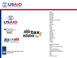 Pays
Australie
Belgique
Cameroun
Canada
Danemark
Éthiopie
Commission européenne
Finlande
France
Ghana
Indonésie
Italie
Kenya
Corée
Libéria
Luxembourg
Malawi
Norvège
Philippines
Rwanda
Sénégal
Sierra Leone
Slovénie
Suède
Suisse
Tanzanie
Organismes de soutien
ATAF
Fondation Bill & Melinda Gates
CATA
Forum mondial sur la
transparence et l'échange
d'informations à des fins fiscales
CIAT
FMI
OCDE
Banque mondiale
 
