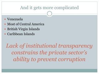 And it gets more complicated
 Venezuela
 Most of Central America
 British Virgin Islands
 Caribbean Islands
Lack of institutional transparency
constrains the private sector’s
ability to prevent corruption
 