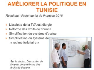 AMÉLIORER LA POLITIQUE EN
TUNISIE
Résultats : Projet de loi de finances 2016
» L'assiette de la TVA est élargie
» Réforme des droits de douane
» Simplification du système d'accise
» Simplification du système de
« régime forfaitaire »
Sur la photo : Discussion de
l'impact de la réforme des
droits de douane
 