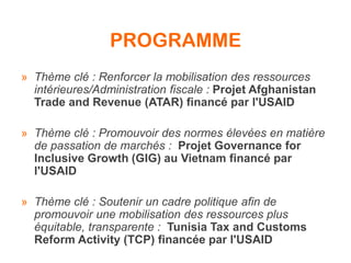 PROGRAMME
» Thème clé : Renforcer la mobilisation des ressources
intérieures/Administration fiscale : Projet Afghanistan
Trade and Revenue (ATAR) financé par l'USAID
» Thème clé : Promouvoir des normes élevées en matière
de passation de marchés : Projet Governance for
Inclusive Growth (GIG) au Vietnam financé par
l'USAID
» Thème clé : Soutenir un cadre politique afin de
promouvoir une mobilisation des ressources plus
équitable, transparente : Tunisia Tax and Customs
Reform Activity (TCP) financée par l'USAID
 