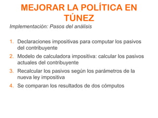 MEJORAR LA POLÍTICA EN
TÚNEZ
Implementación: Pasos del análisis
1. Declaraciones impositivas para computar los pasivos
del contribuyente
2. Modelo de calculadora impositiva: calcular los pasivos
actuales del contribuyente
3. Recalcular los pasivos según los parámetros de la
nueva ley impositiva
4. Se comparan los resultados de dos cómputos
 