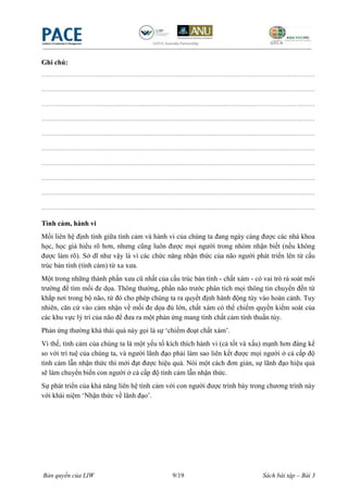 Ghi chú:
----------------------------------------------------------------------------------------------------------------------

----------------------------------------------------------------------------------------------------------------------

----------------------------------------------------------------------------------------------------------------------

----------------------------------------------------------------------------------------------------------------------

----------------------------------------------------------------------------------------------------------------------

----------------------------------------------------------------------------------------------------------------------

----------------------------------------------------------------------------------------------------------------------

----------------------------------------------------------------------------------------------------------------------

----------------------------------------------------------------------------------------------------------------------

----------------------------------------------------------------------------------------------------------------------

Tình cảm, hành vi
Mối liên hệ định tính giữa tình cảm và hành vi của chúng ta đang ngày càng được các nhà khoa
học, học giả hiểu rõ hơn, nhưng cũng luôn được mọi người trong nhóm nhận biết (nếu không
được làm rõ). Sở dĩ như vậy là vì các chức năng nhận thức của não người phát triển lên từ cấu
trúc bản tính (tình cảm) từ xa xưa.
Một trong những thành phần xưa cũ nhất của cấu trúc bản tính - chất xám - có vai trò rà soát môi
trường để tìm mối đe dọa. Thông thường, phần não trước phân tích mọi thông tin chuyển đến từ
khắp nơi trong bộ não, từ đó cho phép chúng ta ra quyết định hành động tùy vào hoàn cảnh. Tuy
nhiên, căn cứ vào cảm nhận về mối đe dọa đủ lớn, chất xám có thể chiếm quyền kiểm soát của
các khu vực lý trí của não để đưa ra một phản ứng mang tính chất cảm tính thuần túy.
Phản ứng thường khá thái quá này gọi là sự „chiếm đoạt chất xám‟.
Vì thế, tình cảm của chúng ta là một yếu tố kích thích hành vi (cả tốt và xấu) mạnh hơn đáng kể
so với trí tuệ của chúng ta, và người lãnh đạo phải làm sao liên kết được mọi người ở cả cấp độ
tình cảm lẫn nhận thức thì mới đạt được hiệu quả. Nói một cách đơn giản, sự lãnh đạo hiệu quả
sẽ làm chuyển biến con người ở cả cấp độ tình cảm lẫn nhận thức.
Sự phát triển của khả năng liên hệ tình cảm với con người được trình bày trong chương trình này
với khái niệm „Nhận thức về lãnh đạo‟.




Bản quyền của LIW                                       9/19                                   Sách bài tập – Bài 3
 