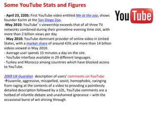Some	
  YouTube	
  Stats	
  and	
  Figures	
  
-­‐ 	
  April	
  23,	
  2205:	
  First	
  YouTube	
  video	
  en1tled	
  Me	
  at	
  the	
  zoo,	
  shows	
  
founder	
  Karim	
  at	
  the	
  San	
  Diego	
  Zoo.	
  	
  
-­‐ May	
  2010:	
  YouTube s	
  viewership	
  exceeds	
  that	
  of	
  all	
  three	
  TV	
  
networks	
  combined	
  during	
  their	
  prime1me	
  evening	
  1me	
  slot,	
  with	
  
more	
  than	
  2	
  billion	
  views	
  per	
  day	
  	
  
-­‐ 	
  May	
  2010:	
  YouTube	
  dominant	
  provider	
  of	
  online	
  video	
  in	
  United	
  
States,	
  with	
  a	
  market	
  share	
  of	
  around	
  43%	
  and	
  more	
  than	
  14	
  billion	
  
videos	
  viewed	
  in	
  May	
  2010.	
  
-­‐ 	
  Average	
  user	
  spends	
  15	
  minutes	
  a	
  day	
  on	
  the	
  site.	
  
-­‐	
  YouTube	
  interface	
  available	
  in	
  29	
  diﬀerent	
  languages.	
  
-­‐ 	
  Turkey	
  and	
  Morocco	
  among	
  countries	
  which	
  have	
  blocked	
  access	
  
to	
  YouTube.	
  
	
  
2009	
  UK	
  Guardian	
  	
  descrip1on	
  of	
  users'	
  comments	
  on	
  YouTube	
  	
  
àJuvenile,	
  aggressive,	
  misspelled,	
  sexist,	
  homophobic,	
  swinging	
  
from	
  raging	
  at	
  the	
  contents	
  of	
  a	
  video	
  to	
  providing	
  a	
  pointlessly	
  
detailed	
  descrip1on	
  followed	
  by	
  a	
  LOL,	
  YouTube	
  comments	
  are	
  a	
  
hotbed	
  of	
  infan1le	
  debate	
  and	
  unashamed	
  ignorance	
  –	
  with	
  the	
  
occasional	
  burst	
  of	
  wit	
  shining	
  through.	
  
 