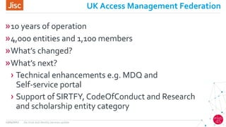 UK Access Management Federation
»10 years of operation
»4,000 entities and 1,100 members
»What’s changed?
»What’s next?
› Technical enhancements e.g. MDQ and
Self-service portal
› Support of SIRTFY, CodeOfConduct and Research
and scholarship entity category
13/04/2017 Jisc trust and identity services update
 