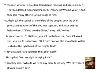22:63
        The men who were guarding Jesus began mocking and beating him. 64
         They blindfolded him and demanded, "Prophesy! Who hit you?" 65 And
         they said many other insulting things to him.
66
     At daybreak the council of the elders of the people, both the chief
         priests and teachers of the law, met together, and Jesus was led
         before them. 67 "If you are the Christ, " they said, "tell us."

        Jesus answered, "If I tell you, you will not believe me, 68 and if I asked
         you, you would not answer. 69 But from now on, the Son of Man will be
         seated at the right hand of the mighty God.“
70
     They all asked, "Are you then the Son of God?"

        He replied, "You are right in saying I am.“
71
     Then they said, "Why do we need any more testimony? We have heard
         it from his own lips.“
 